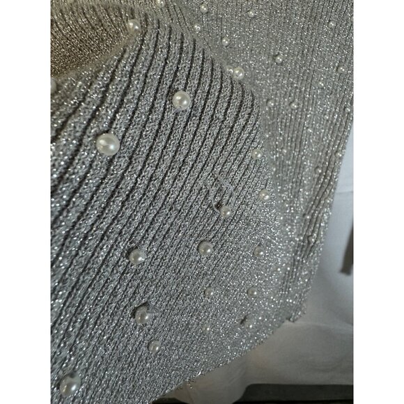 Fitted vintage heavily pearl beading silver shiny zipper back slight turtleneck - Picture 5 of 10